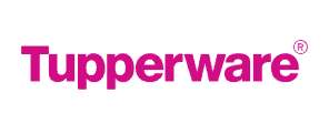 Logo Tupperware berwarna merah muda menonjol di atas latar belakang putih, menggambarkan merek yang dikenal untuk produk penyimpanan makanan.