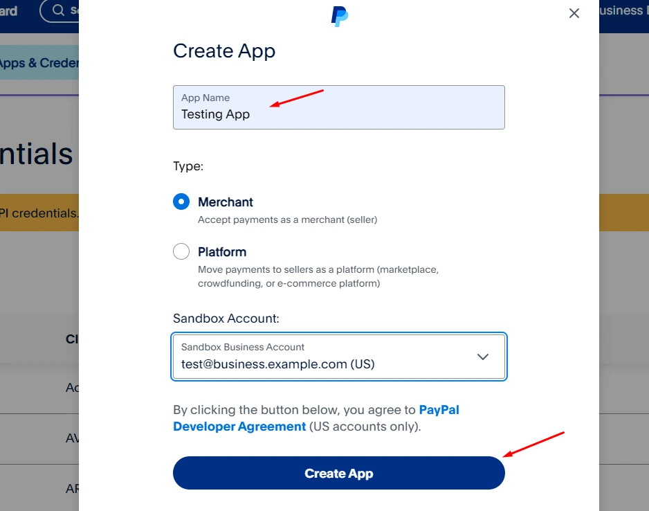 Create PayPal App