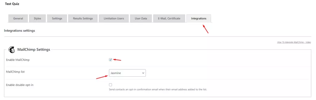 WordPress Quiz MailChimp Settings