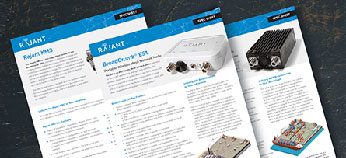 Three product information sheets with technical details and images of electronic devices and circuit boards are laid out side by side on a dark surface. The sheets have blue headers and white backgrounds.