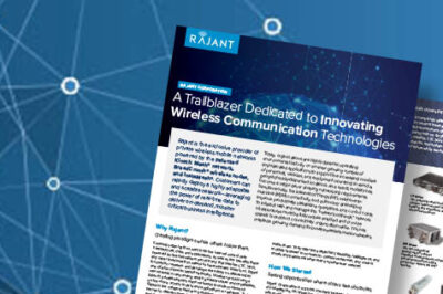 A brochure titled "A Trailblazer Dedicated to Innovating Wireless Communication Technologies" by Rajant is displayed on a blue background with a network graphic of interconnected dots and lines.