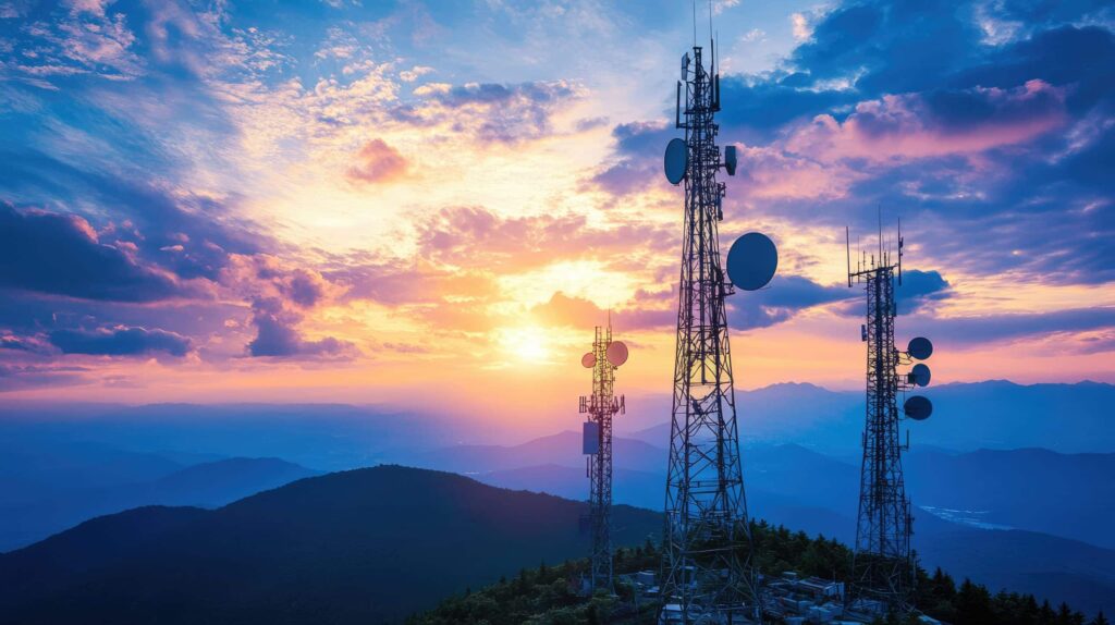 Telecommunication towers with antennas stand on a mountain at sunset, with vibrant clouds and colorful sky in the background, overlooking distant hills and valleys.