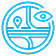 Blue outlined icon with a stylized map, a location pin, a road with intersections, and an eye symbol, all enclosed in a circular border.