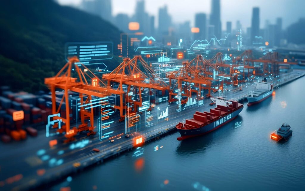 A busy shipping port with large orange cranes and container ships docked, overlaid with digital graphics showing data, charts, and futuristic technology, set against a city skyline with foggy buildings.