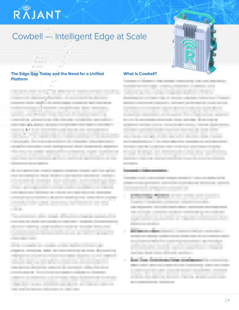 A brochure page titled "Cowbell — Intelligent Edge at Scale" from Rajant, featuring text about edge technology and a product image of a compact electronic device with vents, handles, and the Rajant logo.