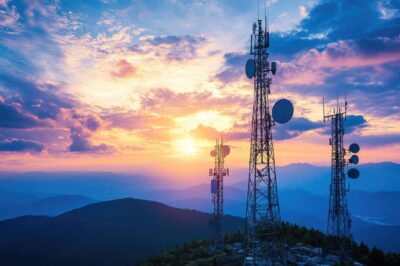 Telecommunication towers on a hilltop stand against a vibrant sunset sky with dramatic clouds, overlooking distant mountains and valleys.