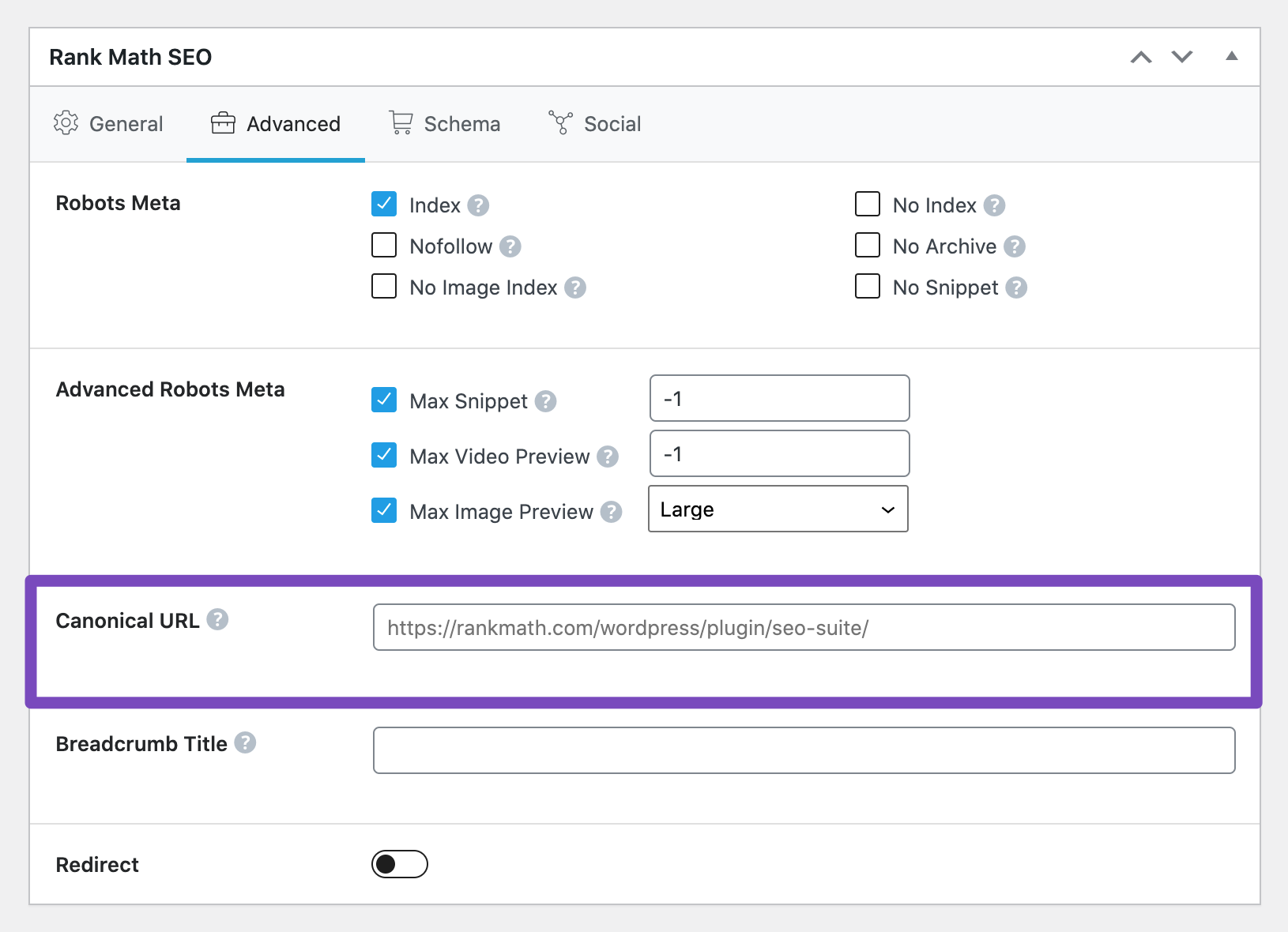 Canonical URL in Rank Math Advanced tab