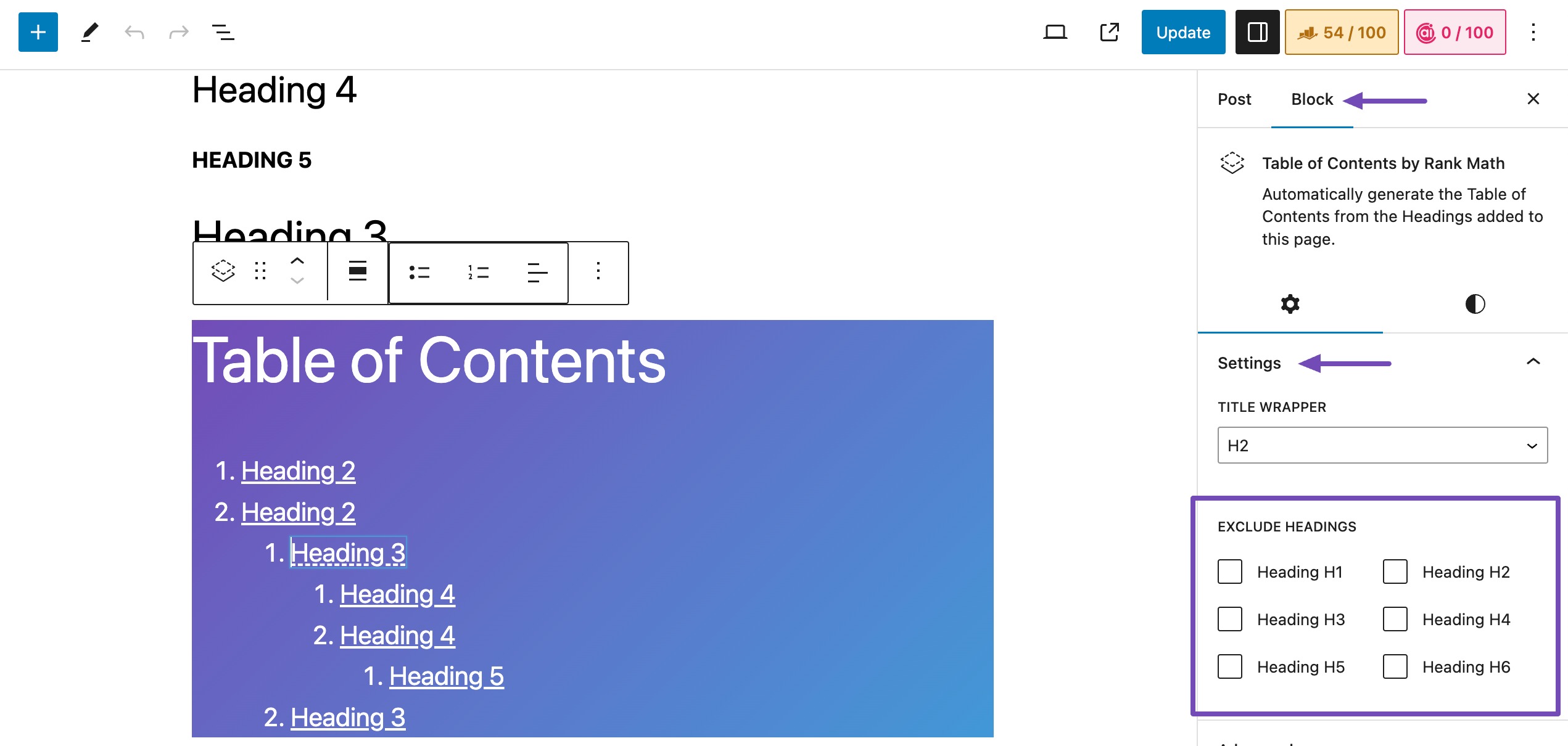 Exclude Headings in TOC settings