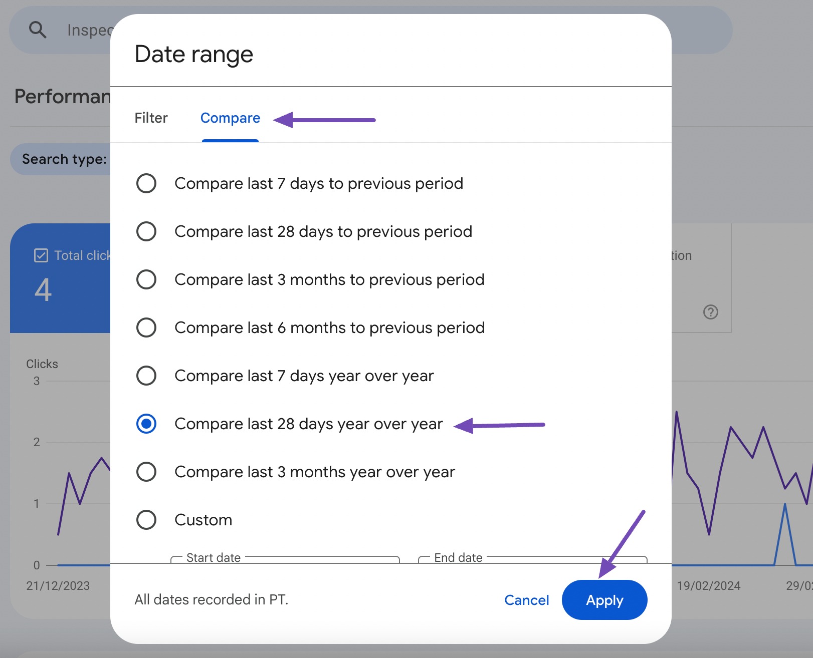 Apply Date range filter in GSC