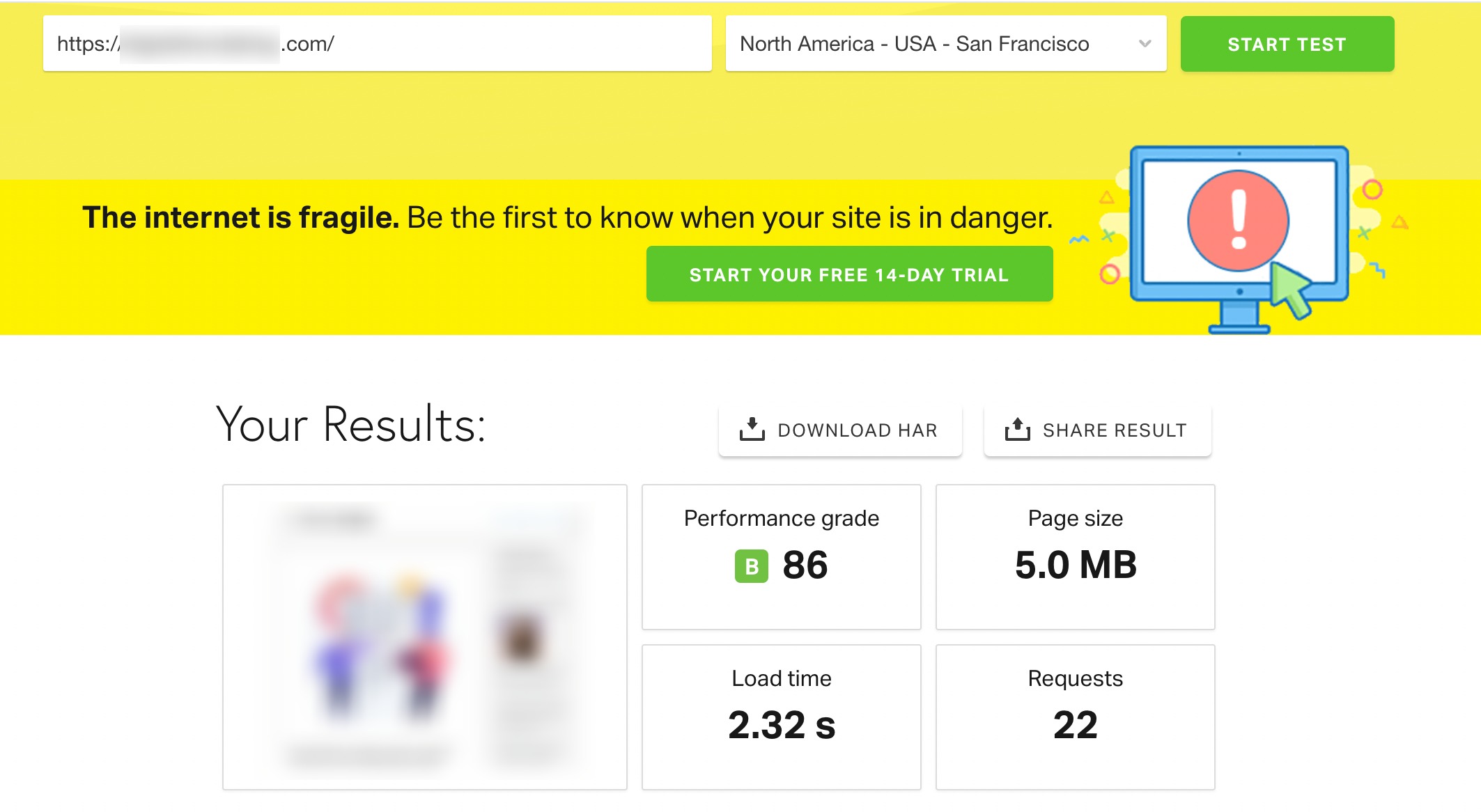 Pingdom test results
