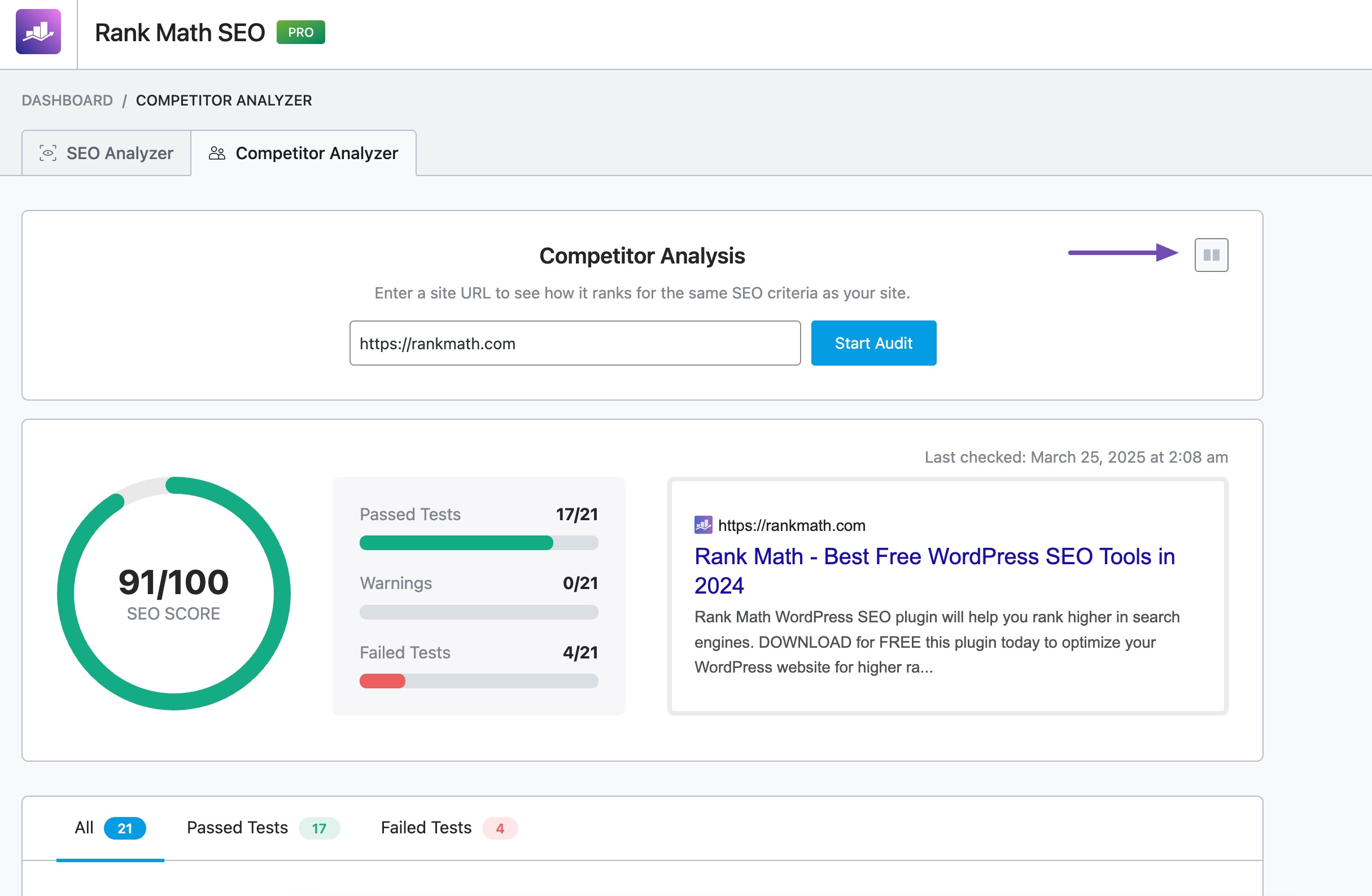 Side-by-Side Comparison Analysis in Rank Math PRO