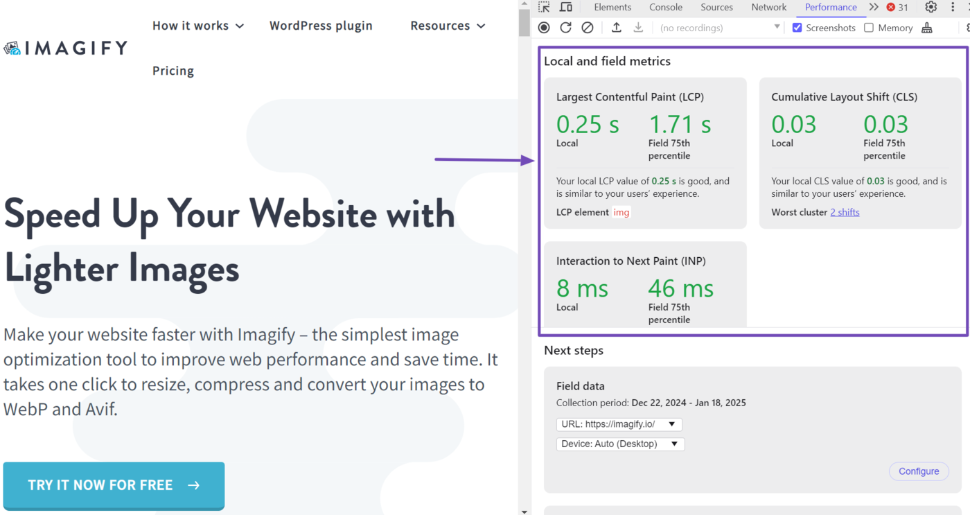 Chrome DevTools will display your field data and local metrics