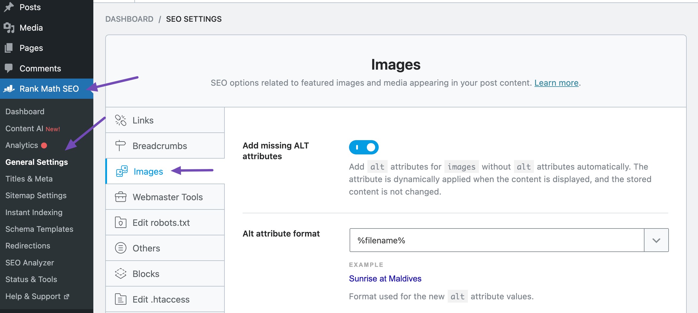 Navigate to the Images section in Rank Math Settings