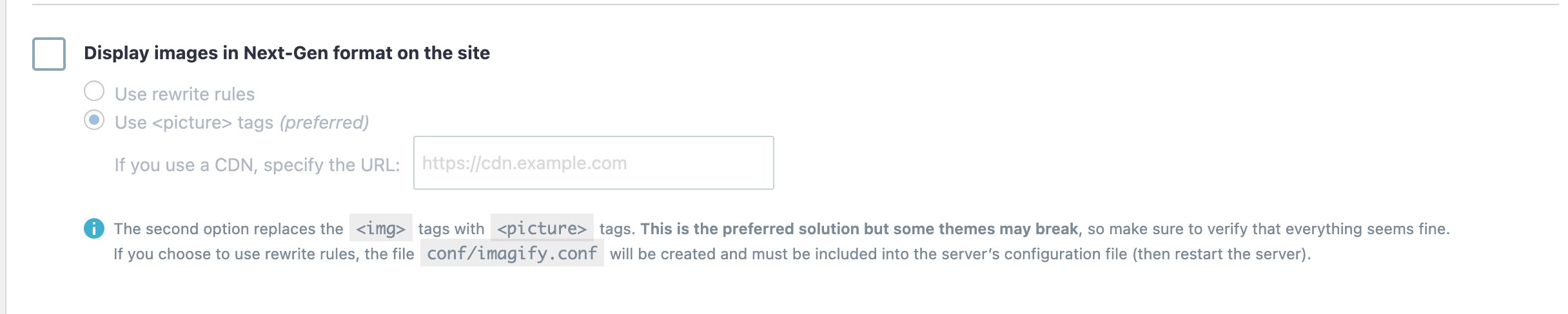 Configure the Display images in Next-Gen format on the site option in Imagify