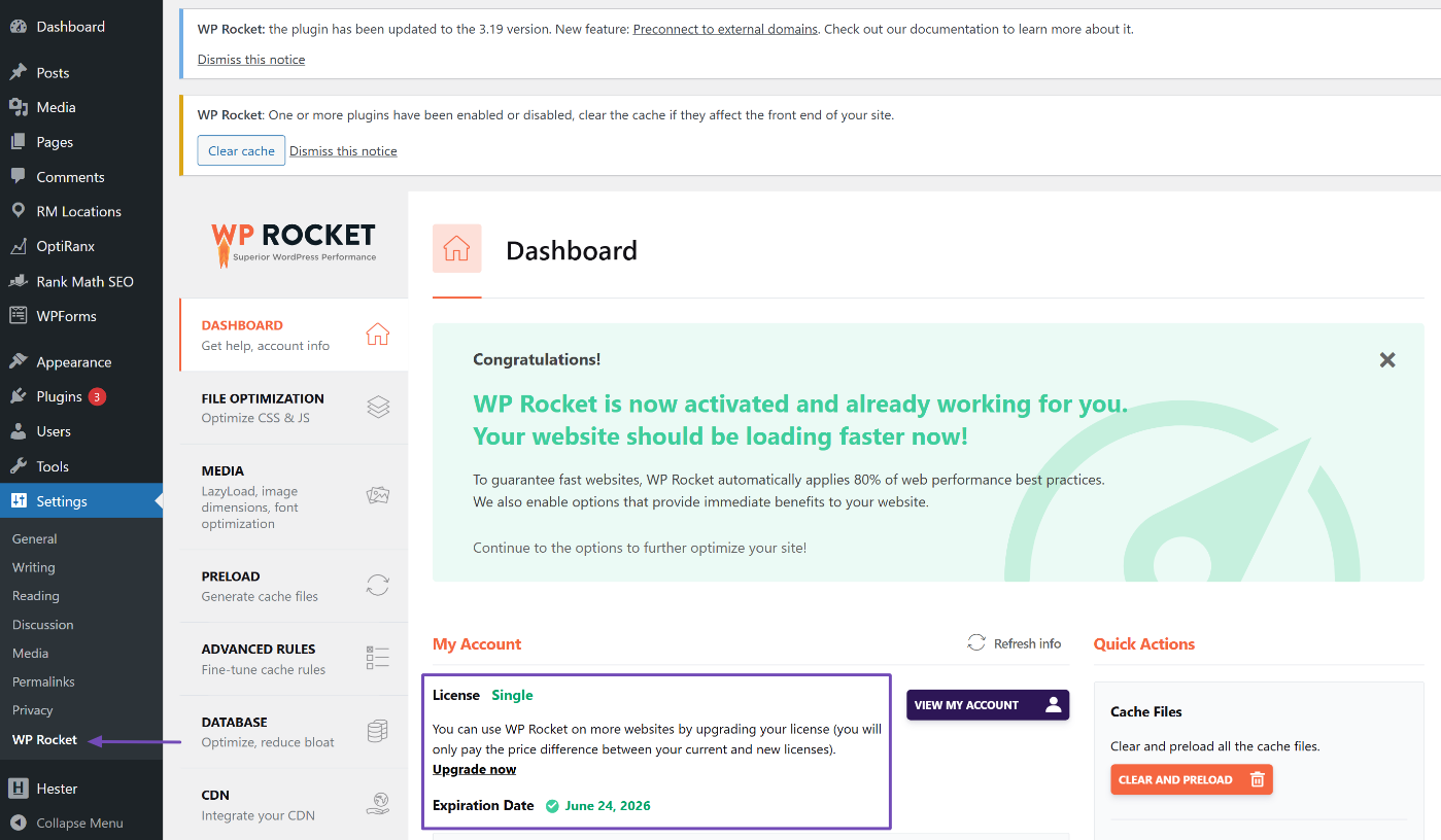 WP Rocket activated on your site