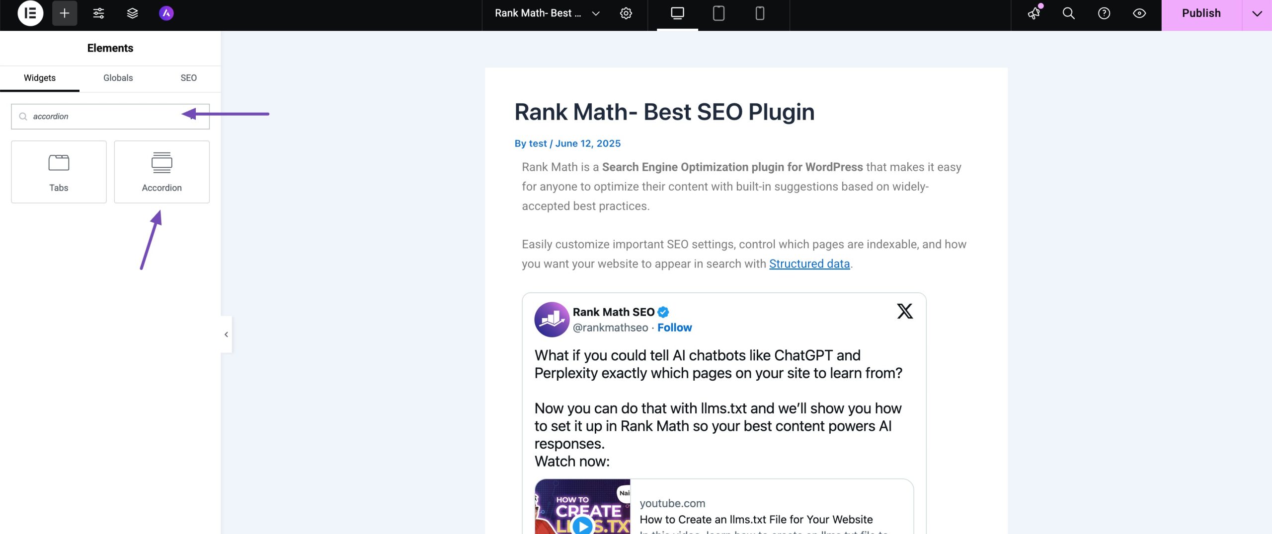 accordion in elementor