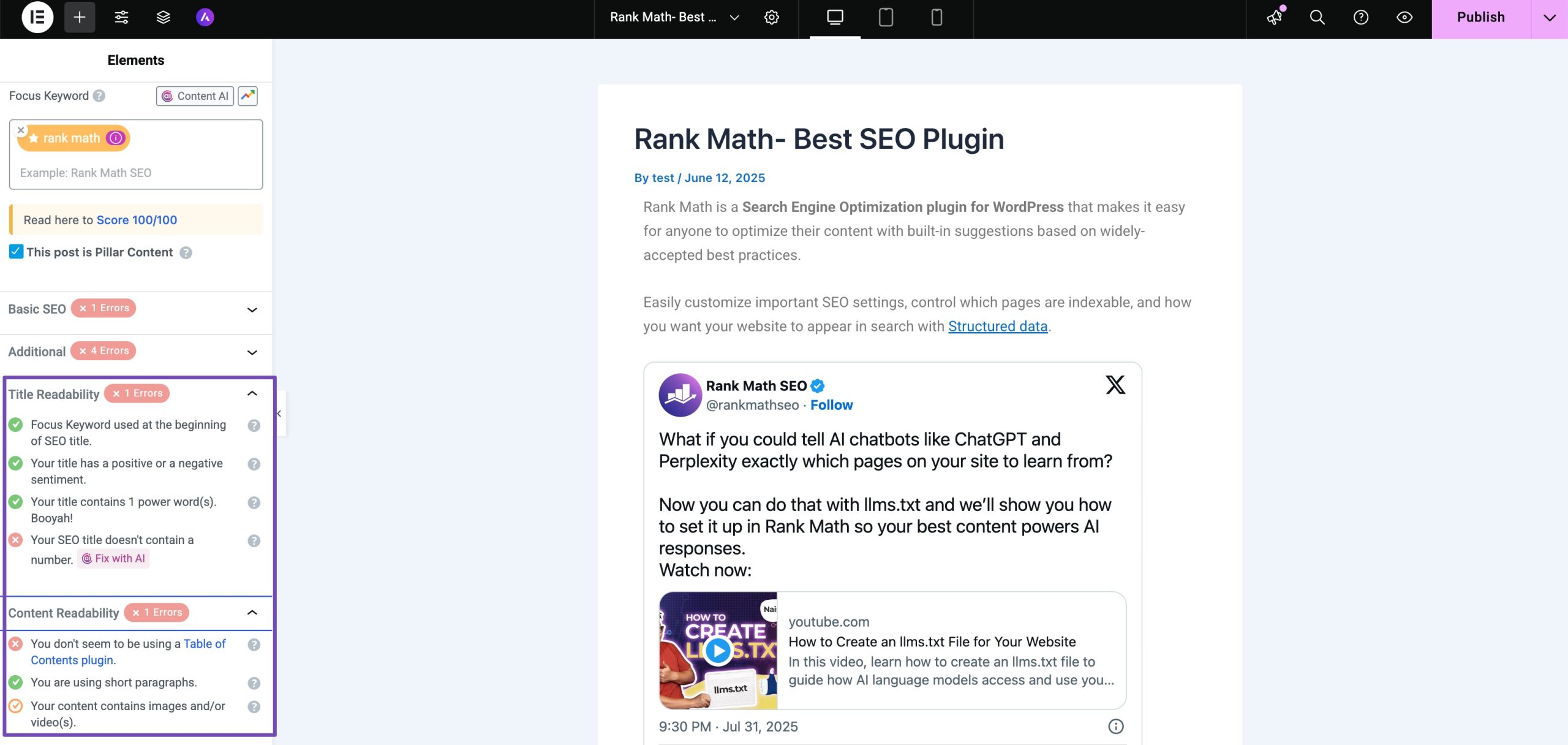 Elementor Content Readability tests