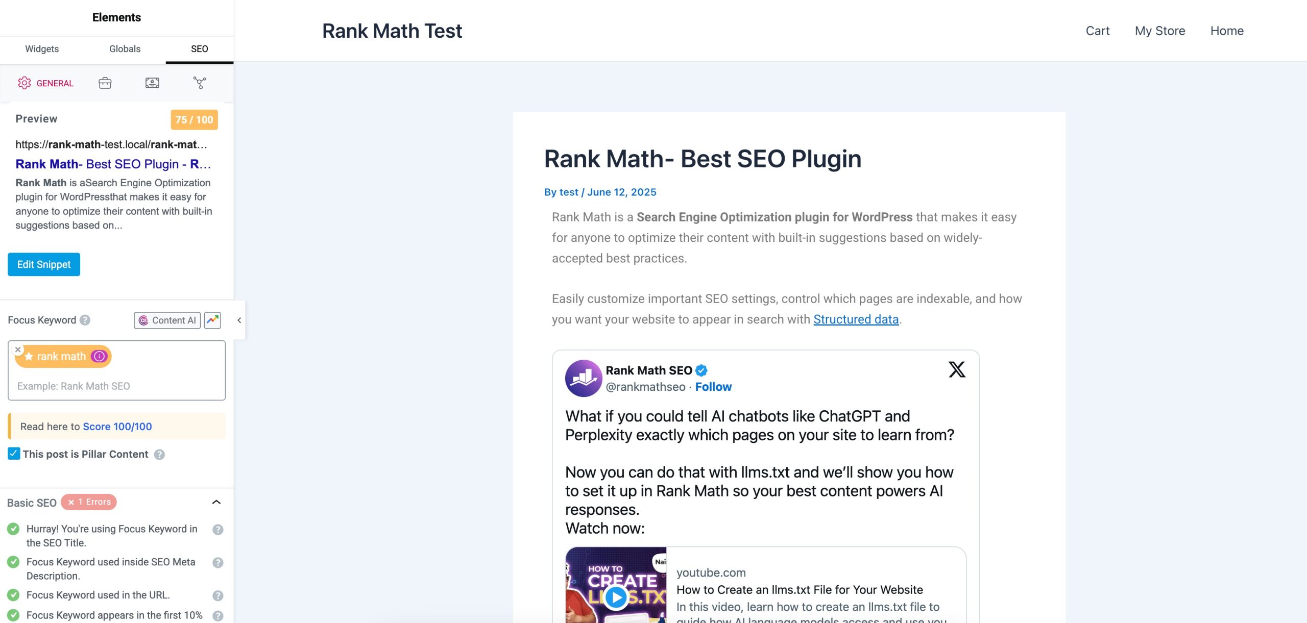 Elementor SEO Tab Opened