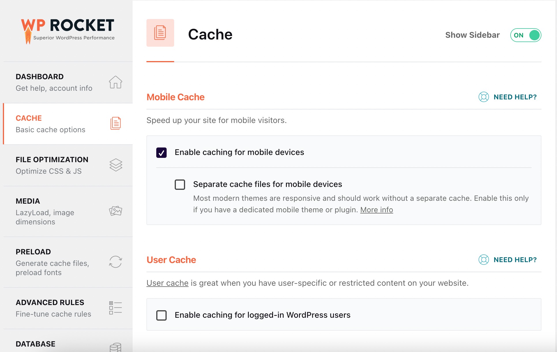Cache options in WP Rocket