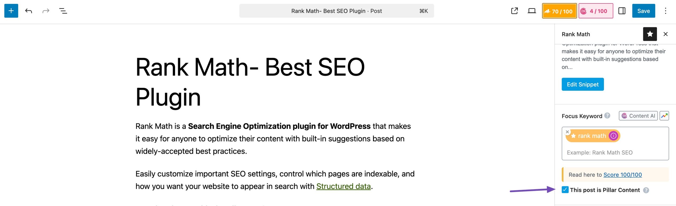 Pillar content example in Rank Math