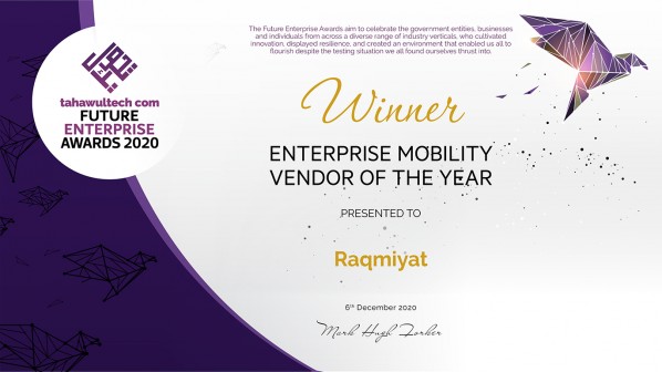 ahawultech.com and CPI Media Group hosted The Future Enterprise Awards 2020, a virtual award ceremony that held very recently. The Future Enterprise Awards is the flagship awards ceremony in the IT industry here in the Middle East – and they recognized the business enterprises and individuals that have demonstrated tremendous leadership and pioneered innovation within the IT sector over the last 12 months. Mr. Saeed Mohammad Al Ghurair, Managing Director, Raqmiyat, received a Personality Award for “Outstanding Leadership In The New Era Of The Fourth Industrial Revolution.” Under the Enterprise category, Raqmiyat bagged the ‘Enterprise Mobility Vendor Of The Year’ Award for the successful implementation of mobile computing services and reshaping the customer experience which has brought an increase in ROI for the organizations covering industries such as Government, Aviation, and Corporates in the UAE and KSA region. You can watch the full award ceremony here: https://bit.ly/2L3sERZ A very proud moment for the entire Raqmiyat family!
