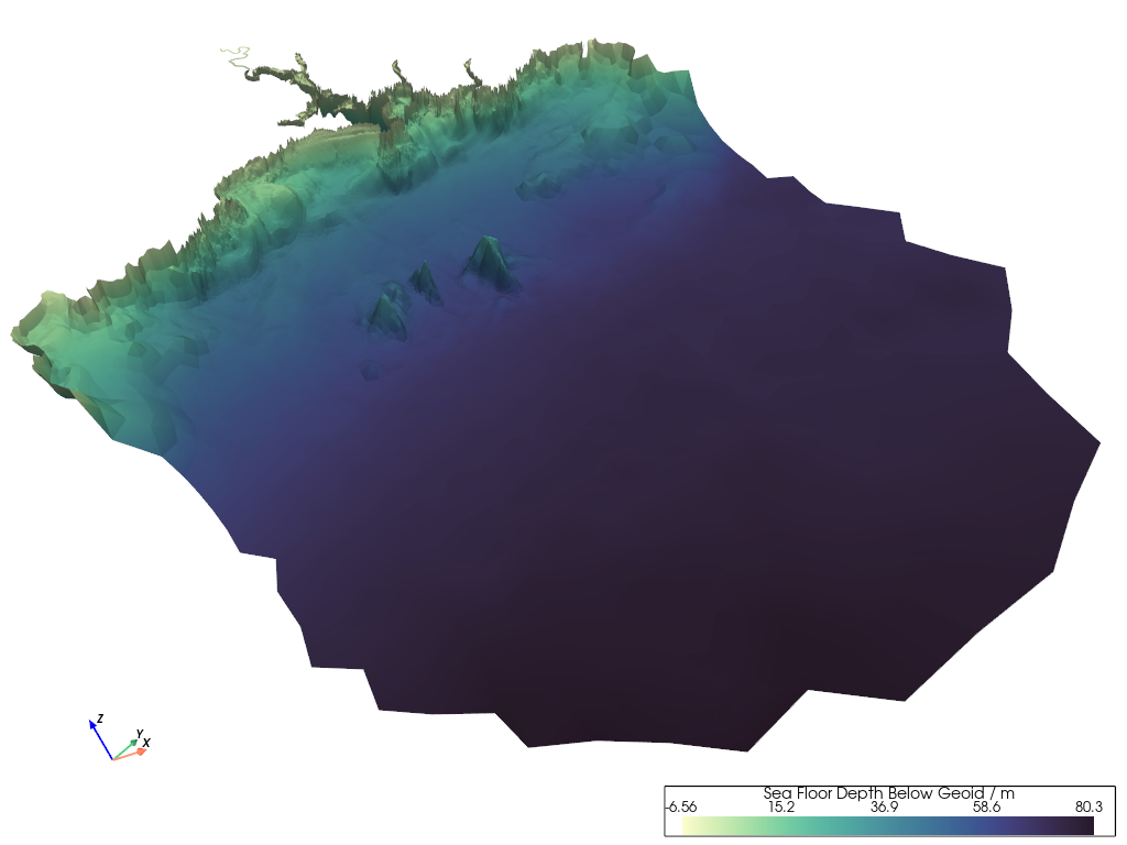 Finite Volume Community Ocean Model, Unstructured Triangular Mesh of Sea Floor Below Geoid
