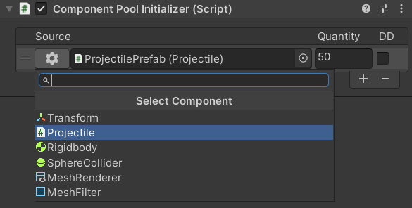 Component Pool Initializer - Selecting the source component to pool. Selector