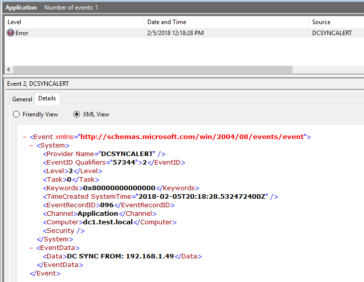 DCSYNC Error Event Example alt text