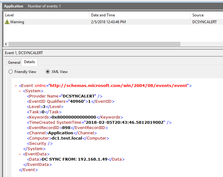 DCSYNC Warning Event Example alt text