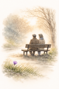 Eine Frau und ein Mann auf einer Parkbank, im Vordergrund ein lila Krokus