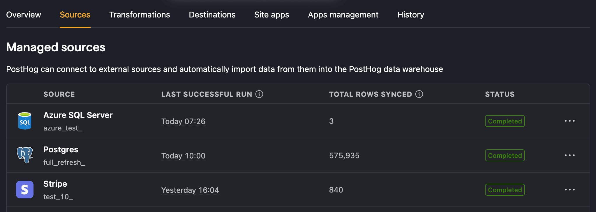 Source settings in PostHog