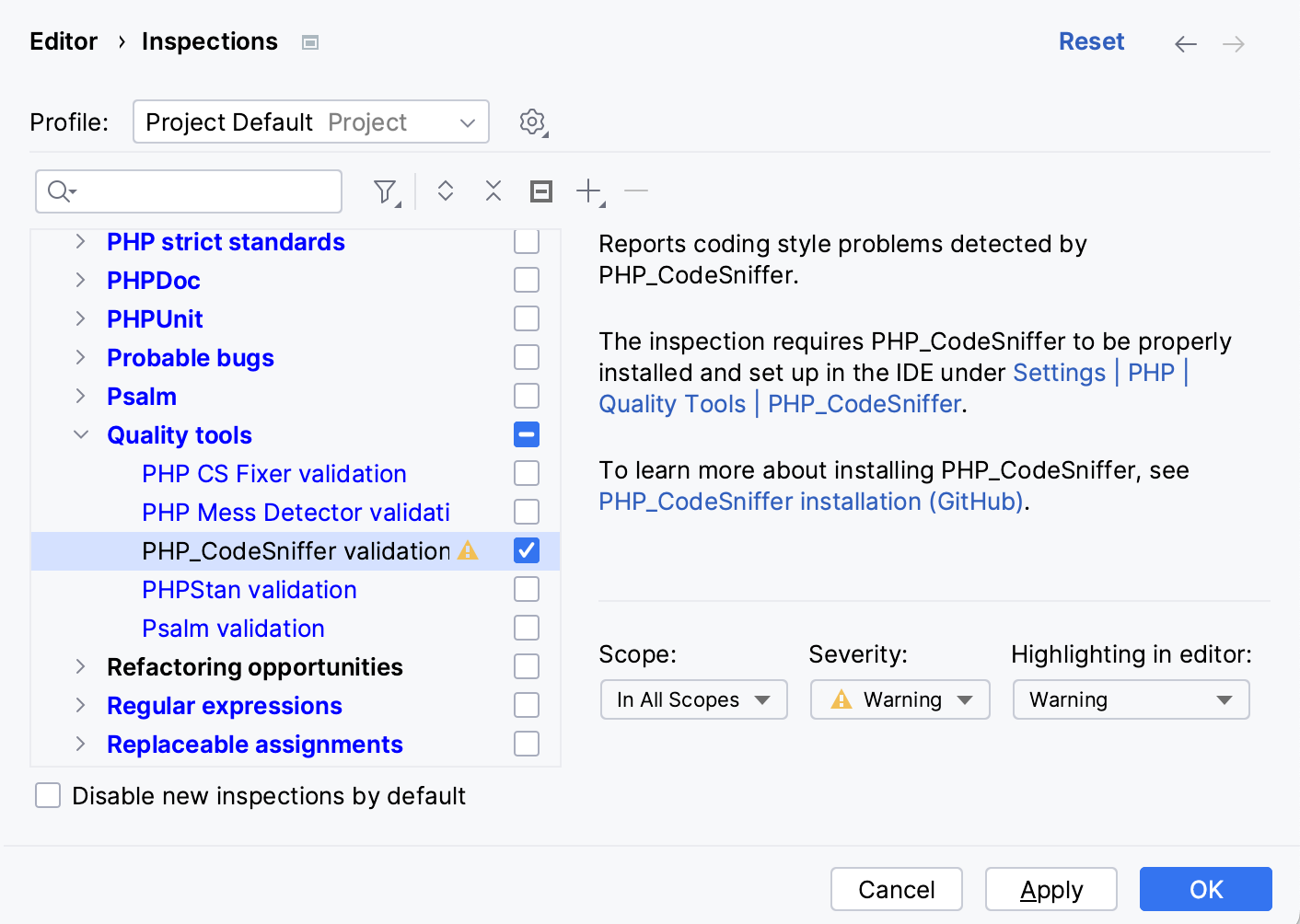 Select PHP_CodeSniffer validation checkbox Select PHP_CodeSniffer validation checkbox