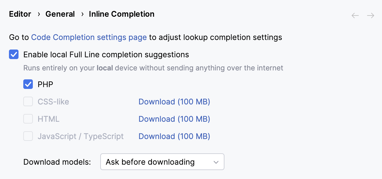 Enabling full line code completion Enabling full line code completion