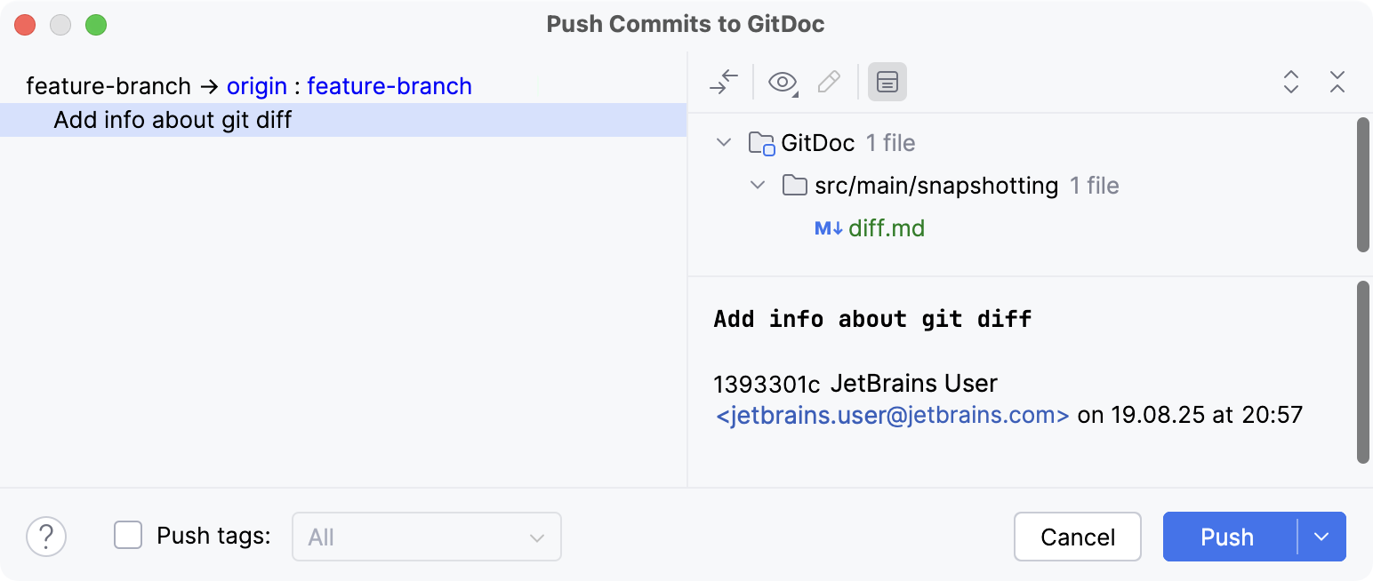 Push Commits dialog Push Commits dialog