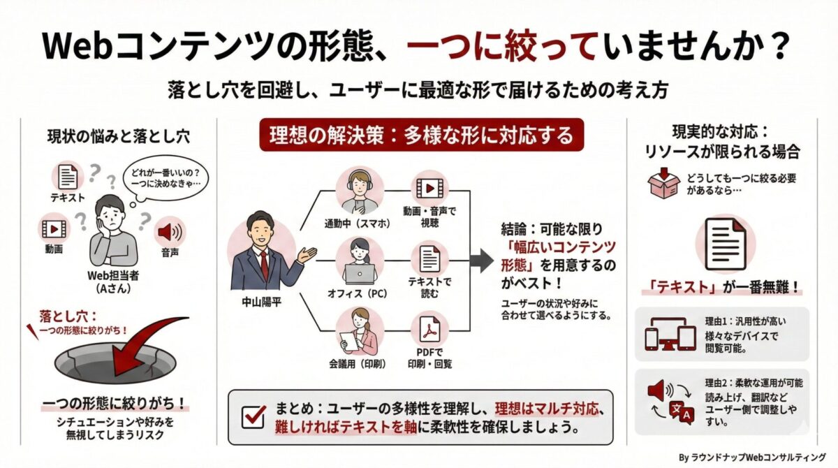 R00015_Webコンテンツはテキストが良い?動画が良い?コンテンツの形選びに潜む1つの勘違い Webコンテンツの形式(テキスト・動画・音声・PDFなど)を一つに決めつけず、状況やユーザーの好みに合わせて複数の形で用意するべきだという考え方を示す図解(中小企業の経営者・Web担当者向け)