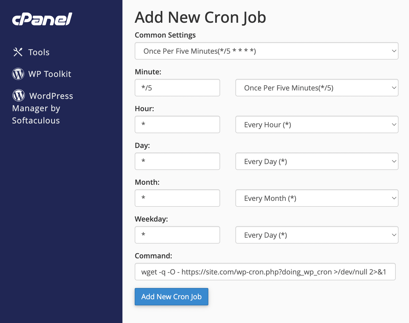 Add new cron job in cPanel