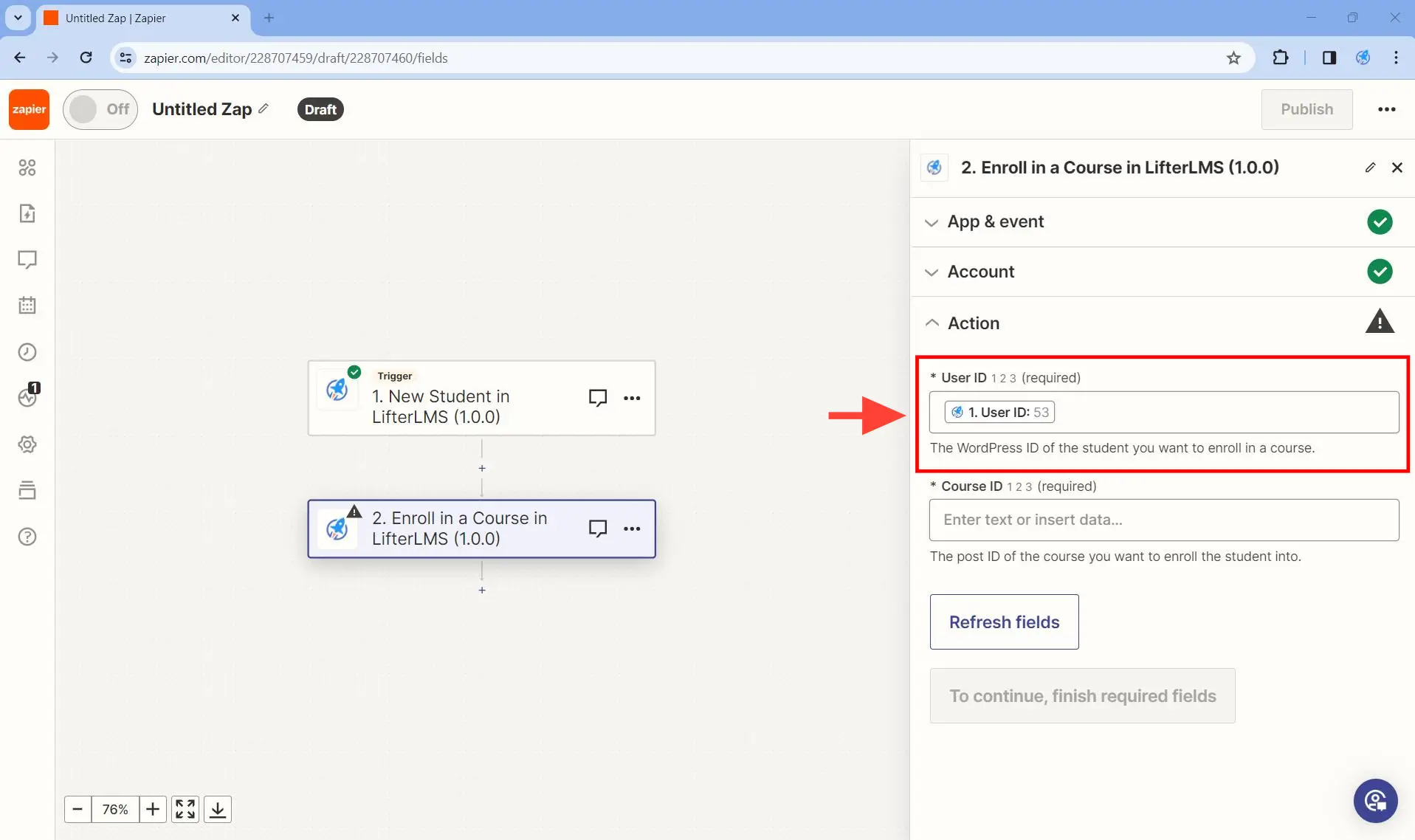 Set up at least one action - Step 6. The User ID that is the output of the previous trigger will now be used.