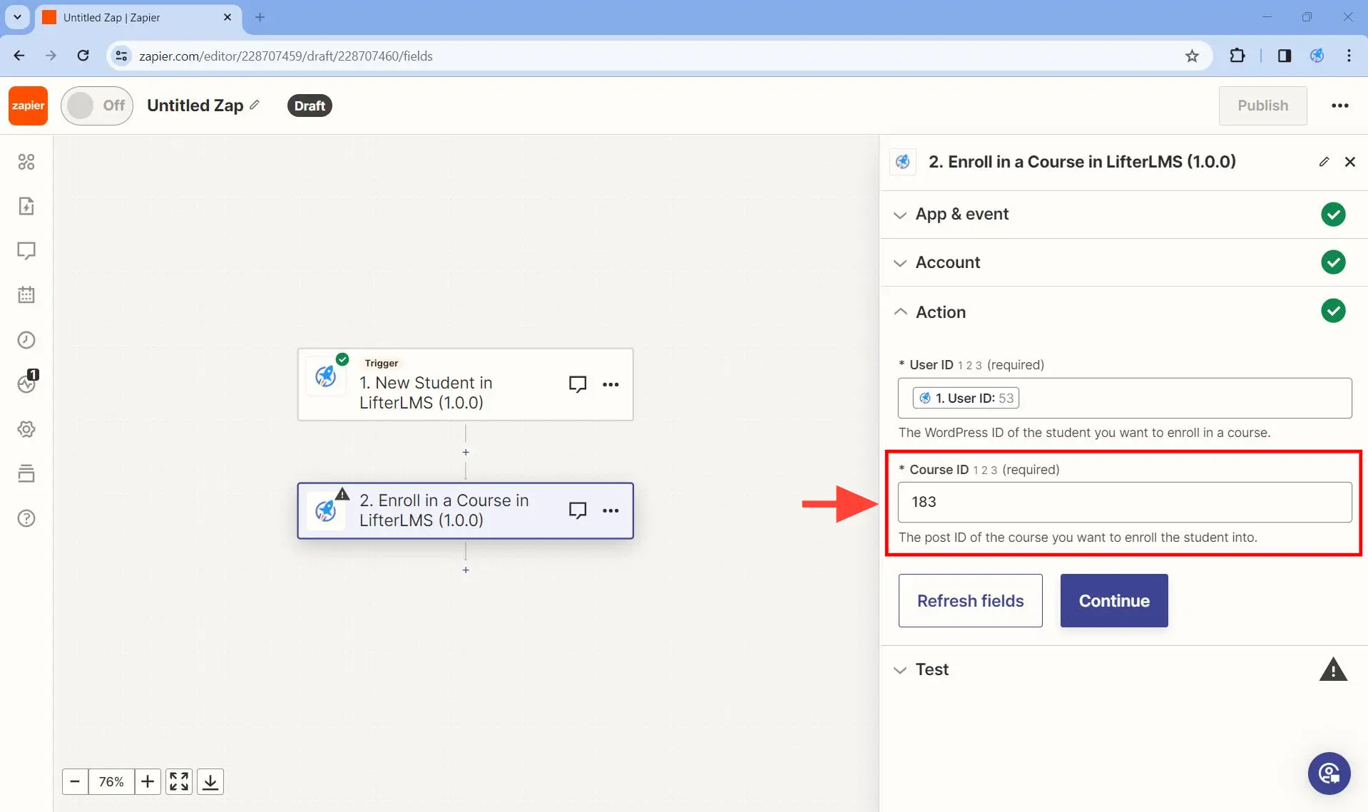 Set up at least one action - Step 7. In the Course ID field, paste the course ID of the course you would like your students to be automatically enrolled on.