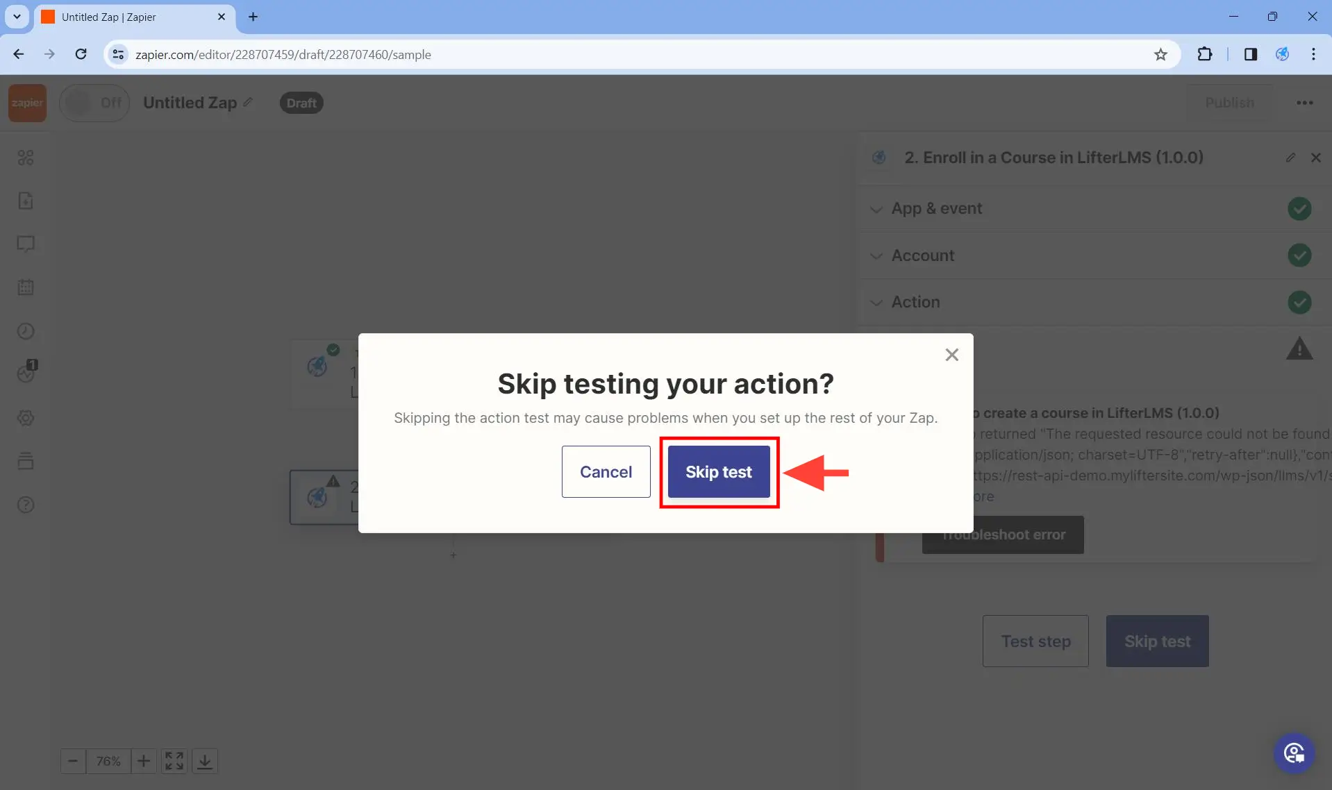 Set up at least one action - Step 8. Confirmation to skip testing.