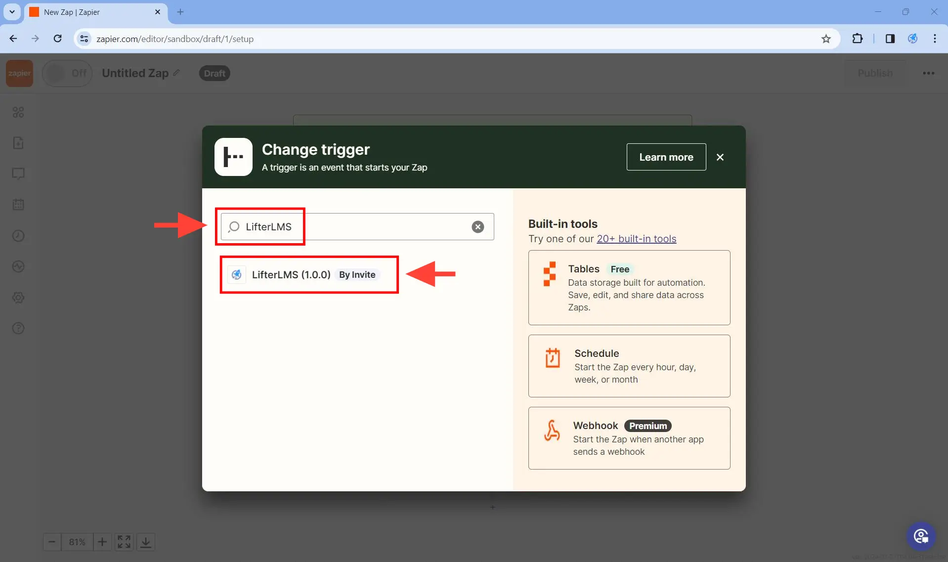 Set up the trigger - Step 2 - Search for LifterLMS