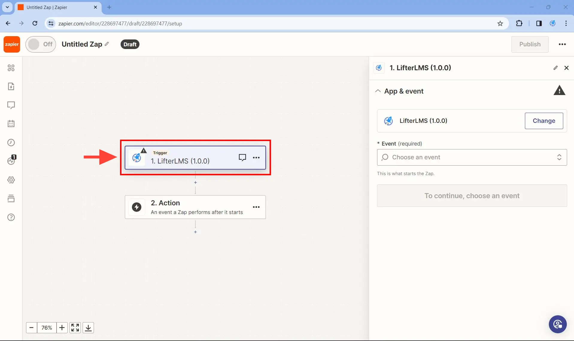 Set up the trigger - Step 2 - Trigger when the LifterLMS Zapier app is selected