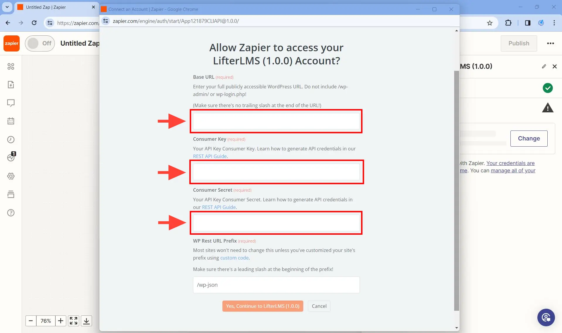 Set up the trigger - Step 5 - In the “Connect an Account” window that opens fill up the Base URL, Consume Key and Consumer Secret.