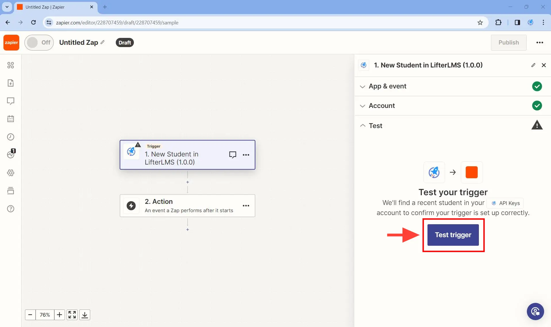 Step 7. Under Test, click on the Test trigger button.