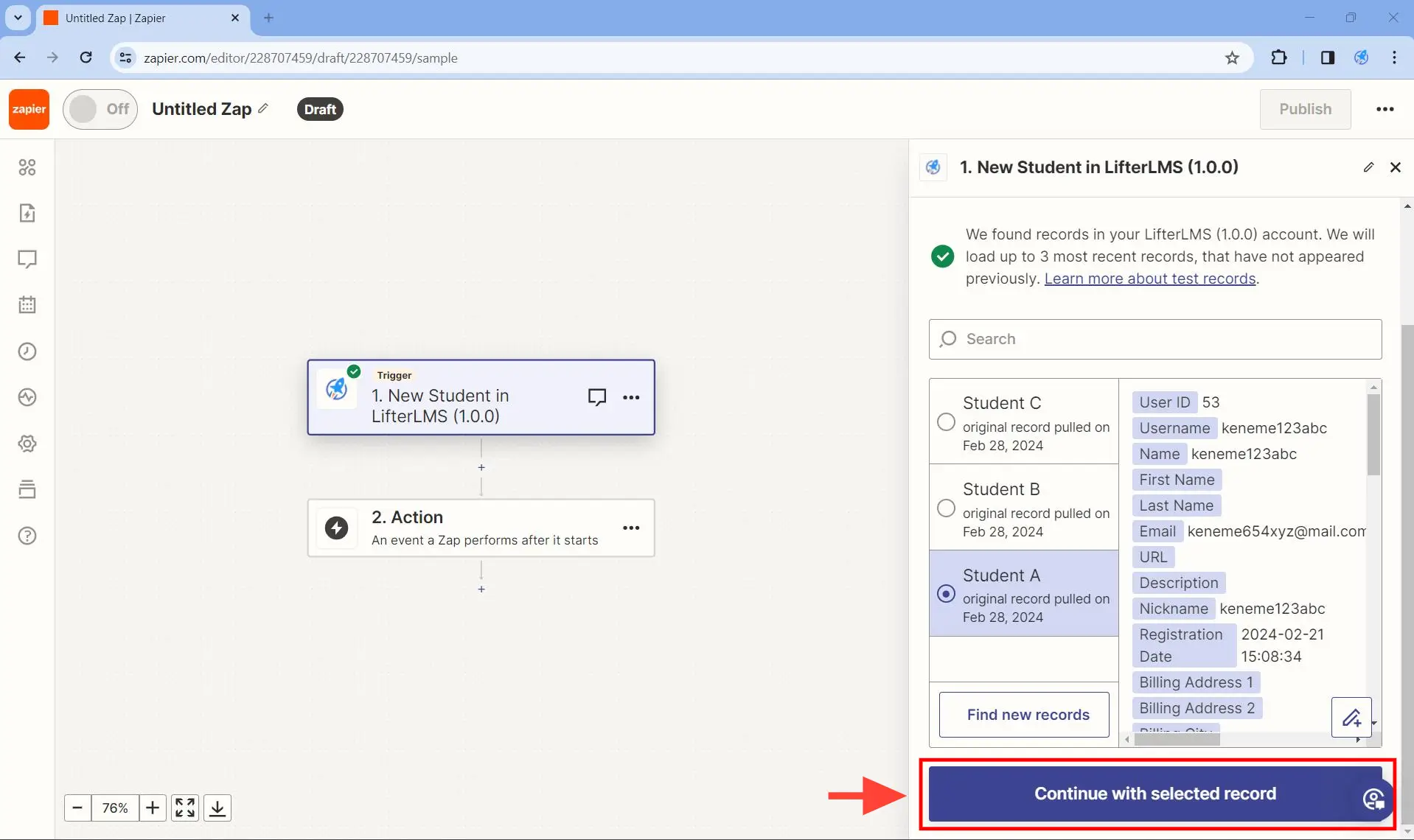 Step 8. Click on the Continue with selected record button