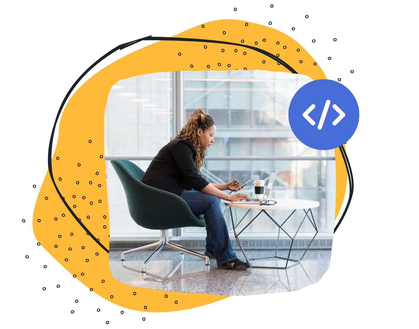 Expert Website LifterLMS Graphic with a yellow organic shape, coding icon, and a photograph of a person side profile sitting at their computer
