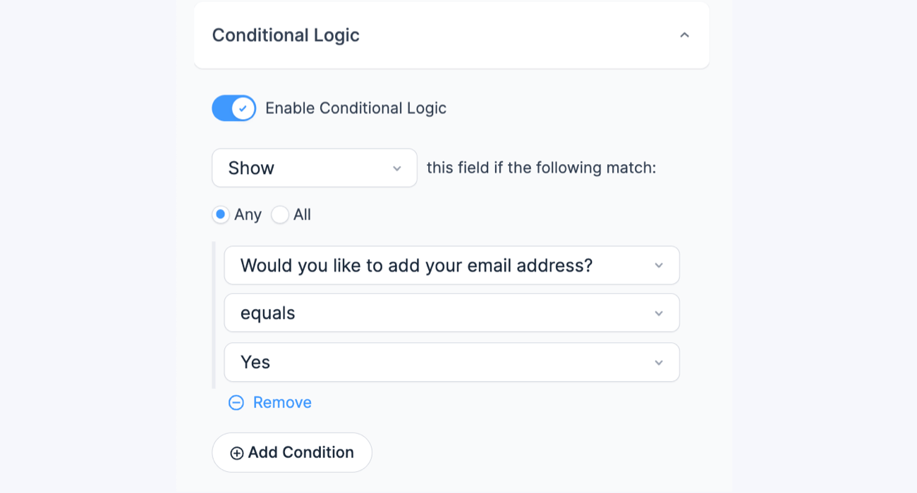 Formidable Forms conditional logic settings