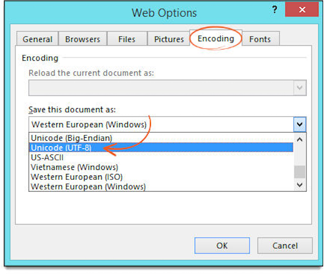 Import - Notepad Web Options Encoding Dialog Box Instructions