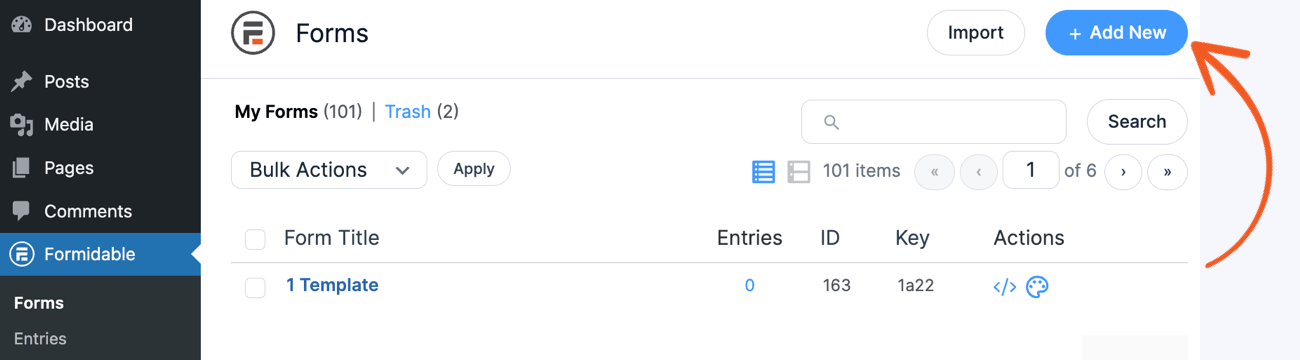Formidable Forms plugin dashboard displaying a list of forms. A large “+ Add New” button is highlighted with an arrow indicating where to create a new form.