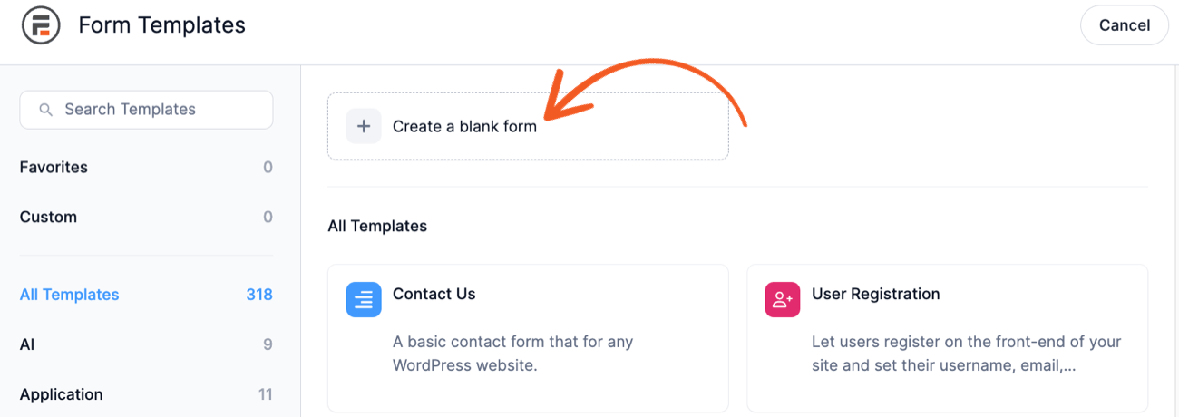 Form Templates screen in Formidable Forms. Options like “Create a blank form” and template examples for “Contact Us” and “User Registration” are visible.