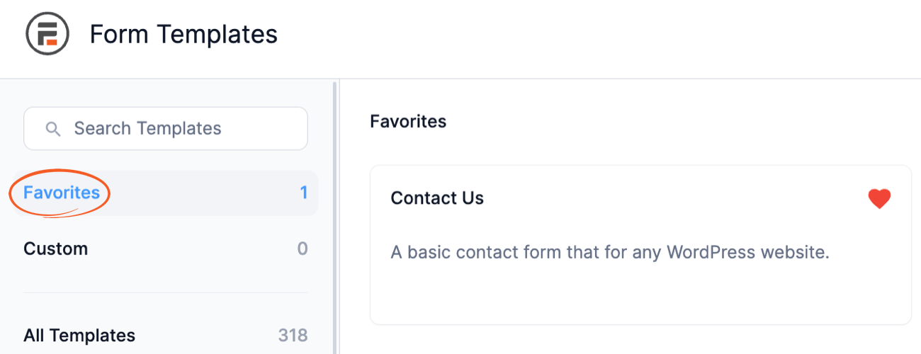 Favorites List page to view templates marked as favorite